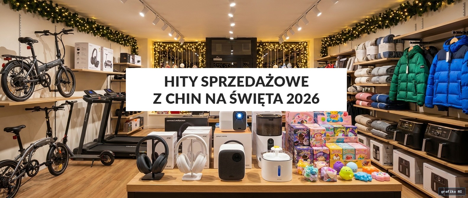 Hity importowe na święta 2026: sklep pełen świątecznych akcesoriów i pociąg kontenerowy wyjeżdżający z terminalu w Xi'an w Chinach